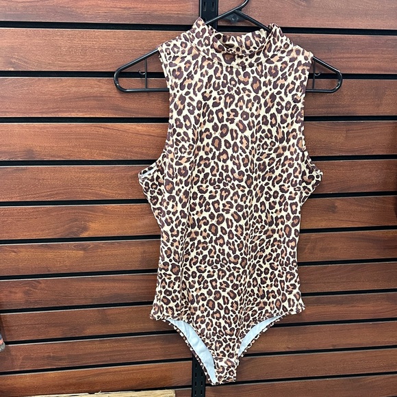 Sterling Kreek Tops - Sleeveless Leopard Print Mock Neck Bodysuit - Brown Animal Print